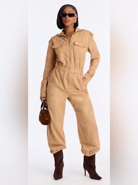 Fashion Nova Faux Suede-Look Taupe Utility Jumpsuit with Zip Front-Medium 🤎